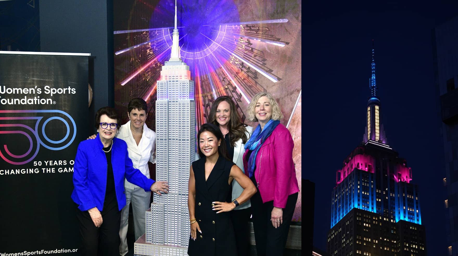 [L-R] WSF Founder Billie Jean King, WSF Past Board Chair Ilana Kloss, WSF President Scout Basset, WSF CEO Danette Leighton and WSF Board Chair Robin Harris pose next to a model of the Empire State Building lit up in WSF's brand colors to celebrate WSF's 50th anniversary year. [Credit Empire State Realty Trust] The Empire State Building lit up at night in WSF brand colors. [Credit: Bryan Smith]